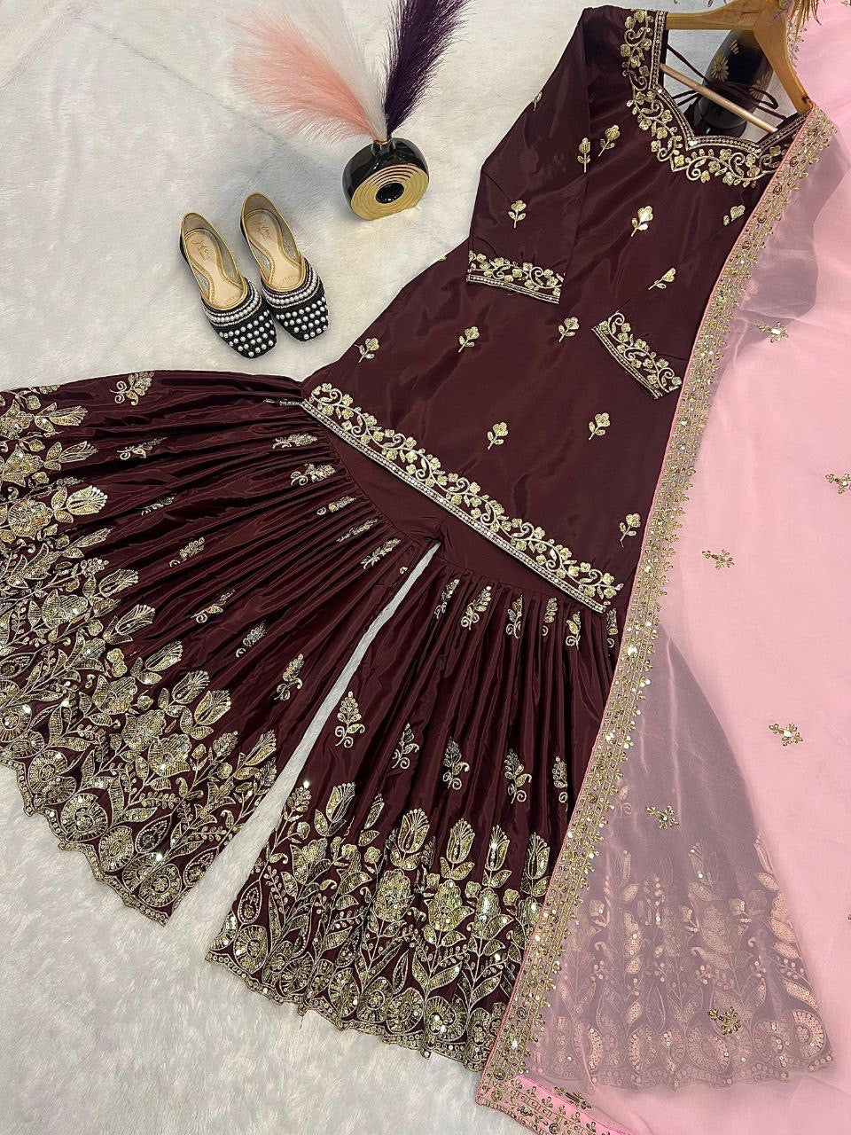 AMRITA — Brown x Pink Crepe Silk Sharara