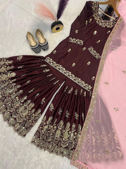 AMRITA — Brown x Pink Crepe Silk Sharara