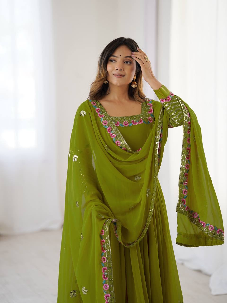 KUSHI - Floral Box Neck Georgette Anarkali