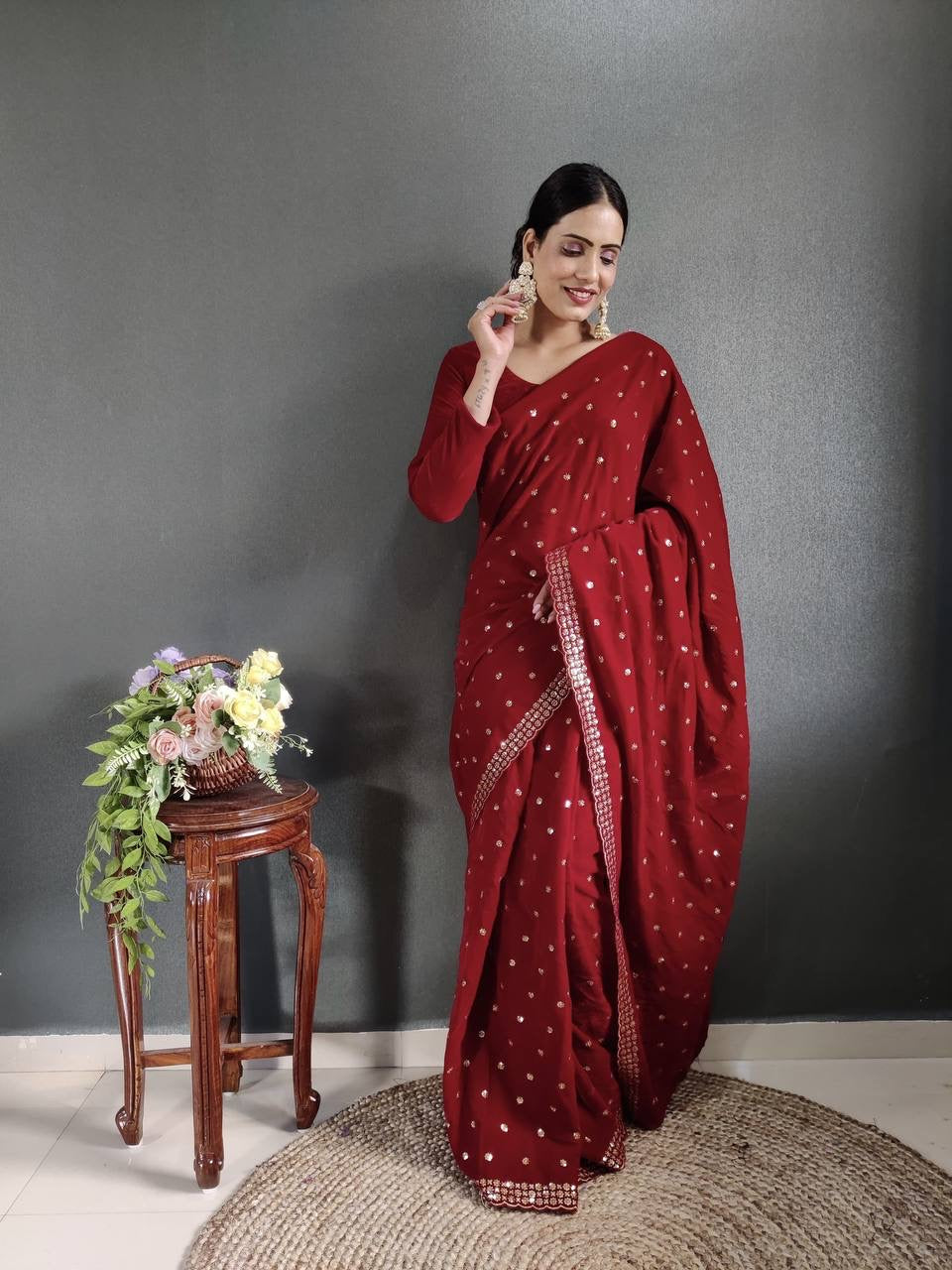 Penelope Maroon Velvet Readymade Saree x Embellished Sequinned