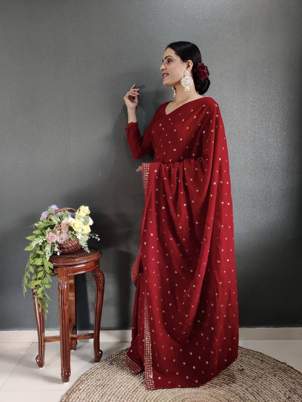 Penelope Maroon Velvet Readymade Saree x Embellished Sequinned