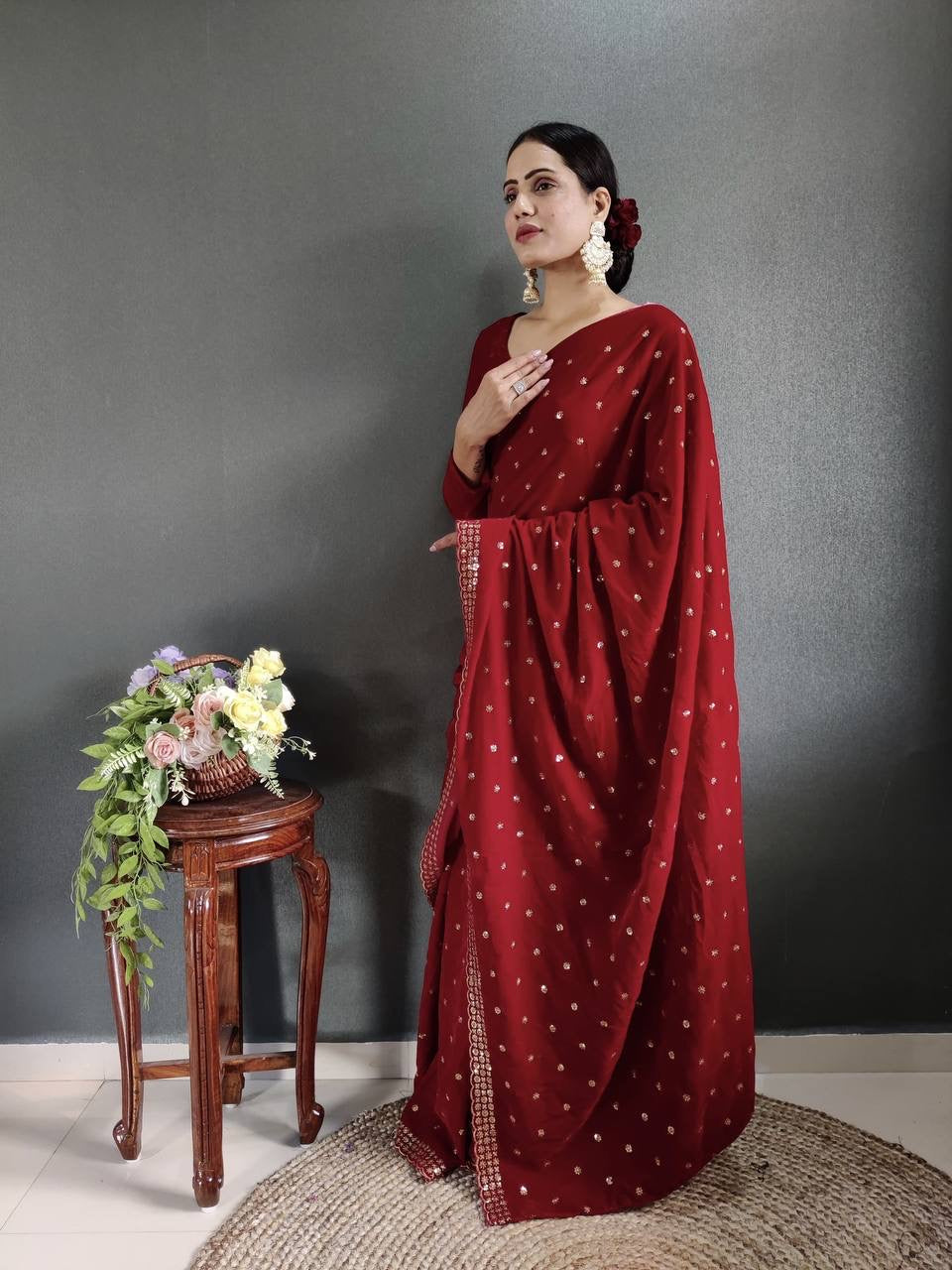 Penelope Maroon Velvet Readymade Saree x Embellished Sequinned