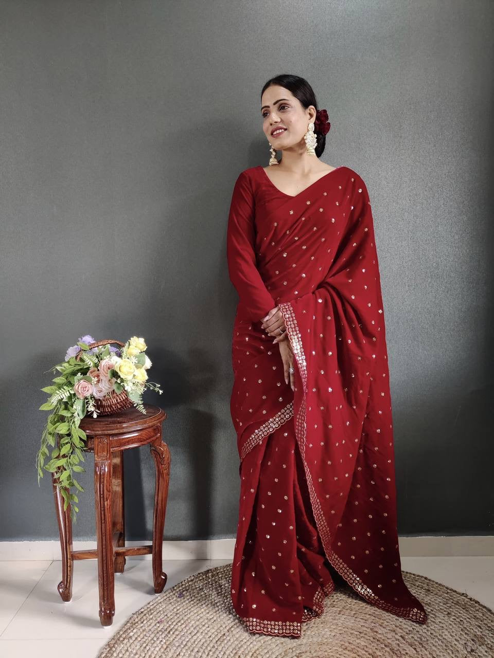 Penelope Maroon Velvet Readymade Saree x Embellished Sequinned