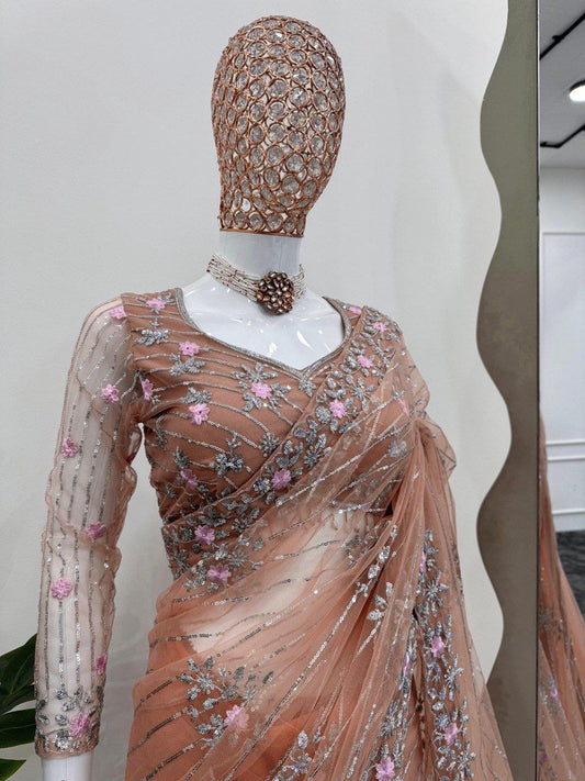ROSIE — Floral Peach Partywear Net Saree