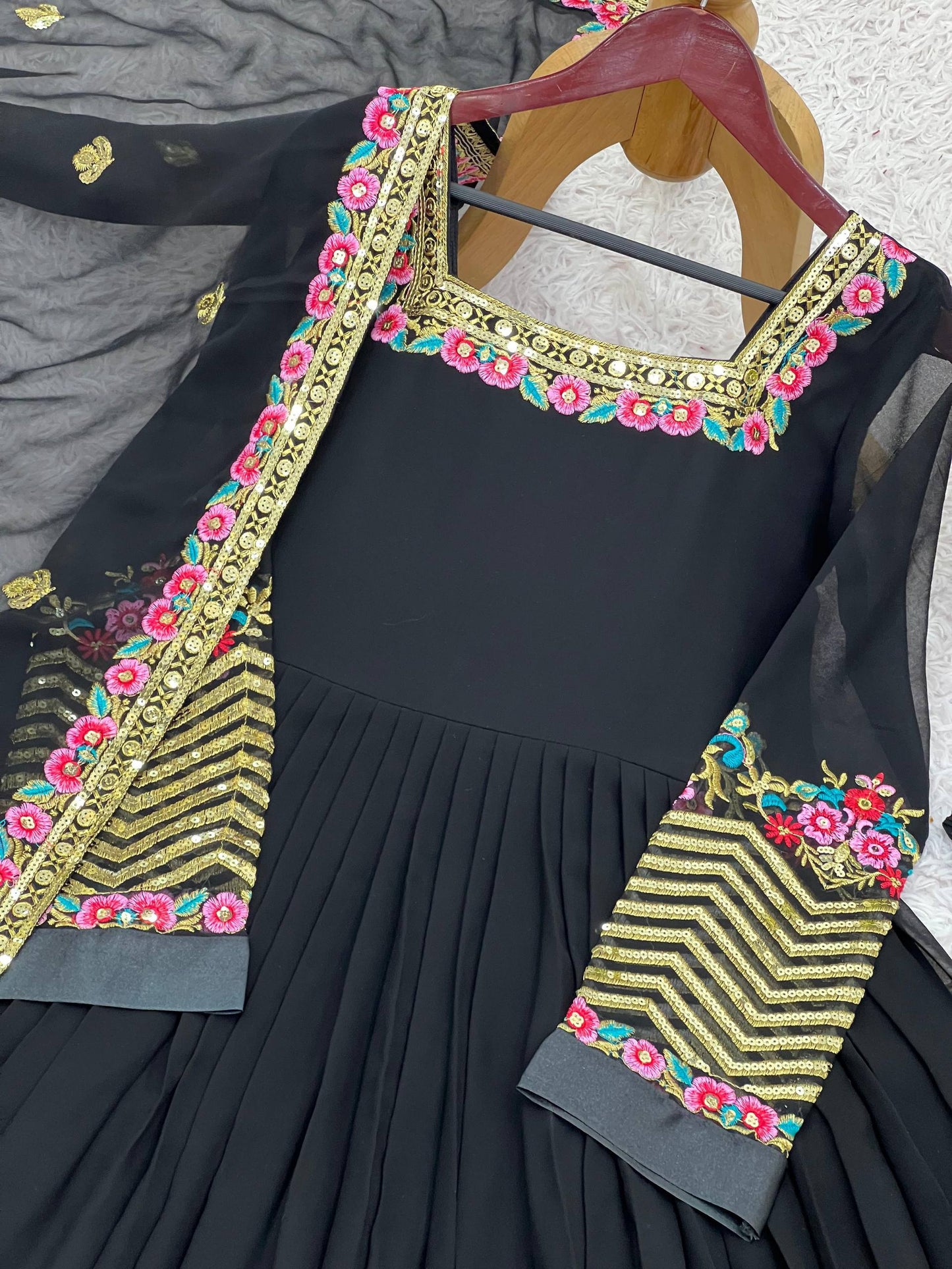 Floral box neck Georgette Anarkali dress by Laksharaa Sarees with intricate floral embroidery and elegant design.