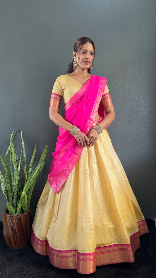 BINDHU — Creamish Gold Cotton Silk Half Saree Lehenga