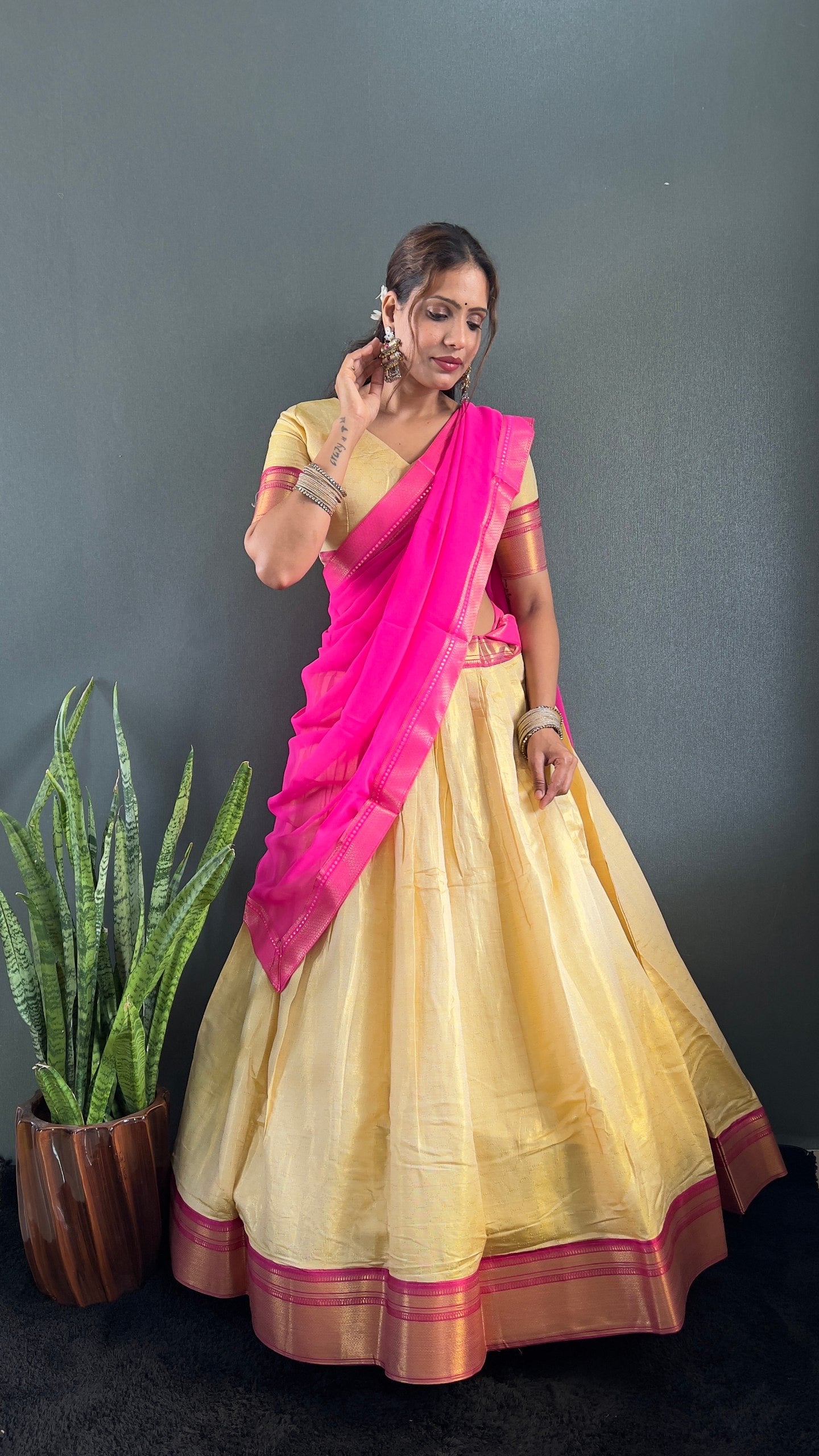 BINDHU — Creamish Gold Cotton Silk Half Saree Lehenga