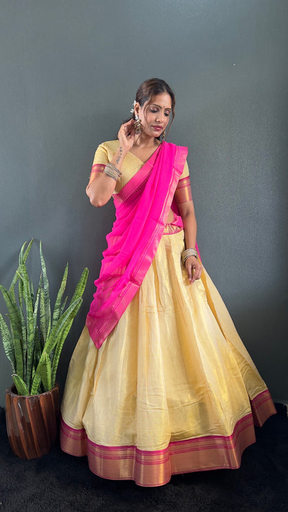 BINDHU — Creamish Gold Cotton Silk Half Saree Lehenga