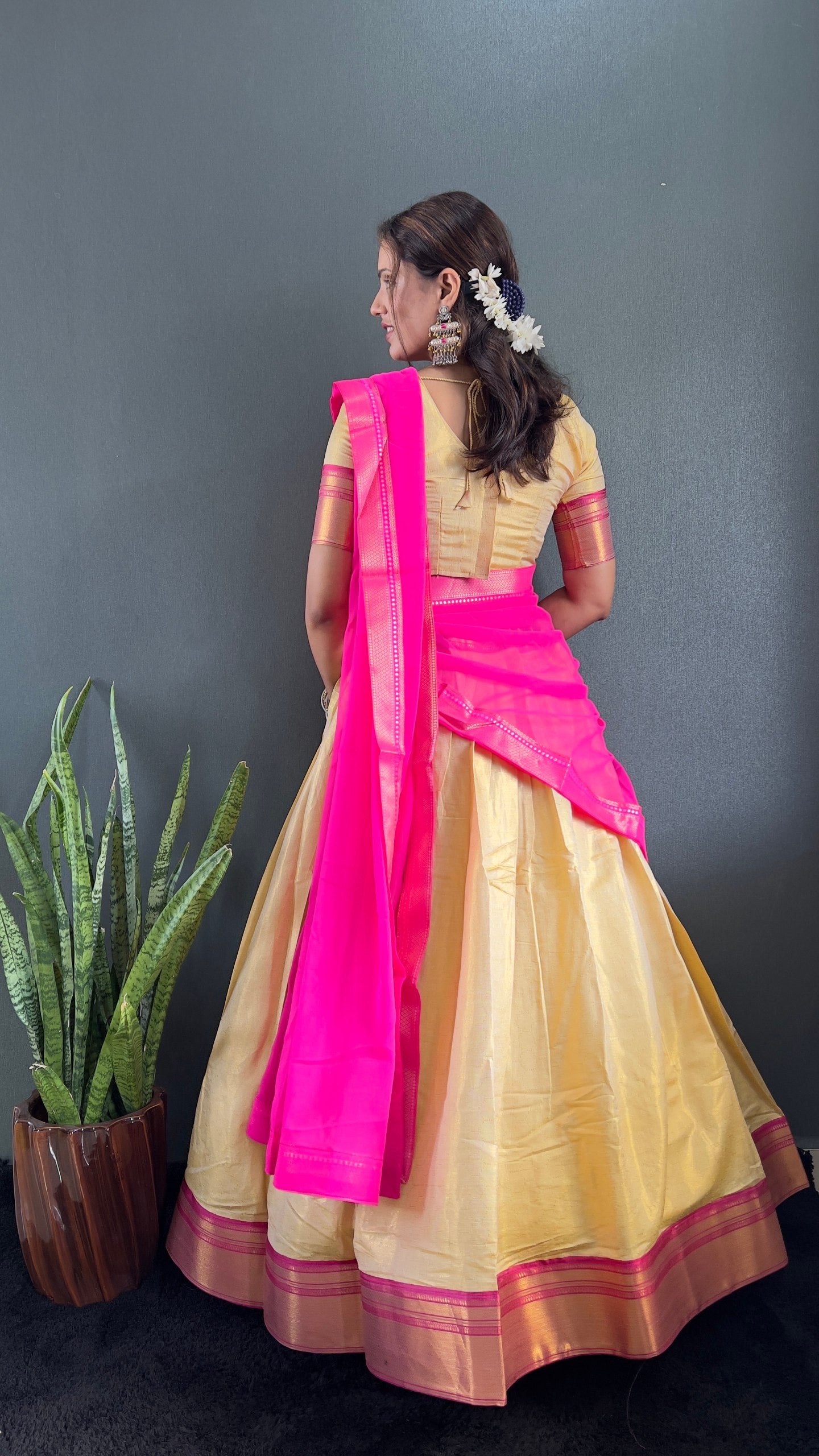 BINDHU — Creamish Gold Cotton Silk Half Saree Lehenga
