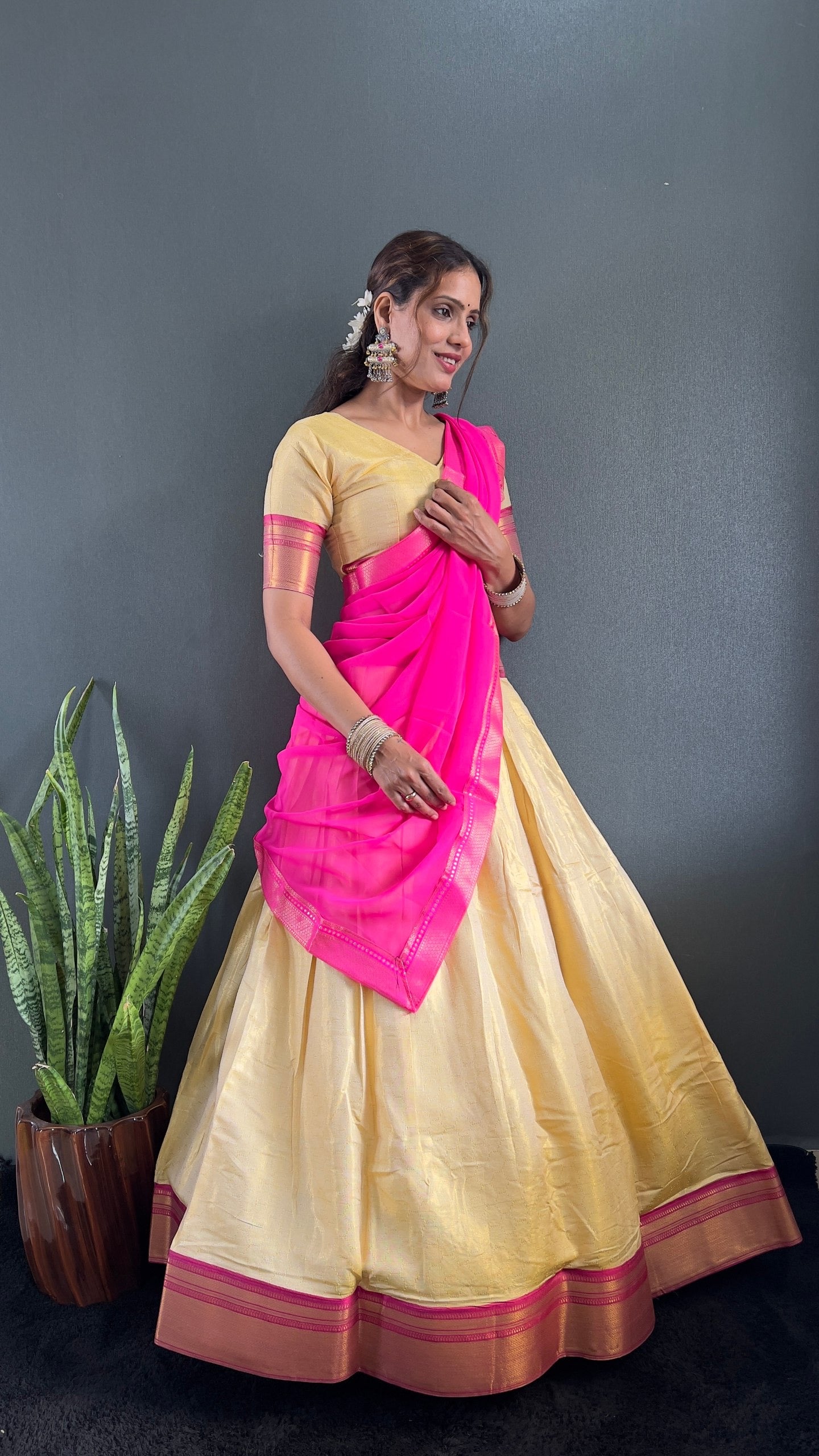 BINDHU — Creamish Gold Cotton Silk Half Saree Lehenga
