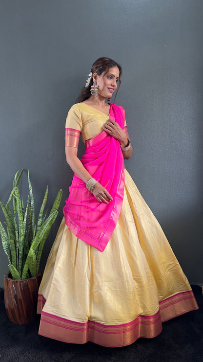 BINDHU — Creamish Gold Cotton Silk Half Saree Lehenga