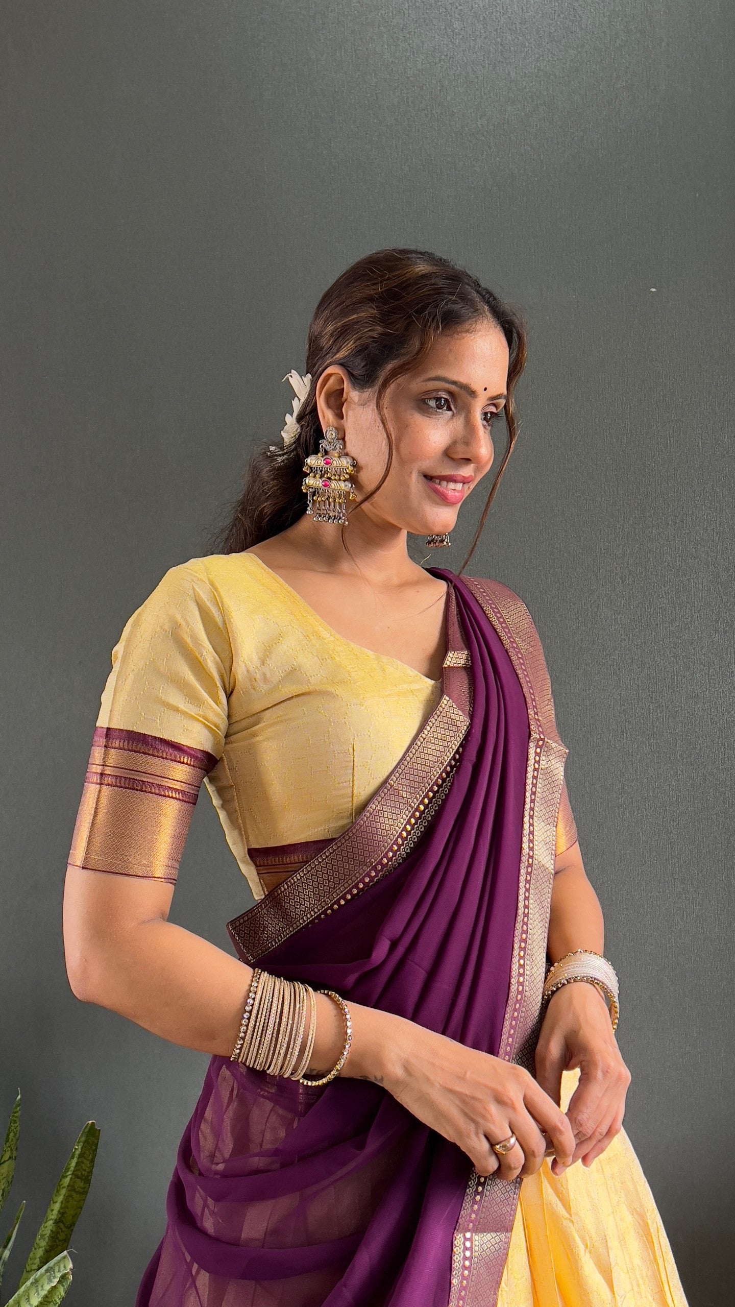 BINDHU — Creamish Gold Cotton Silk Half Saree Lehenga