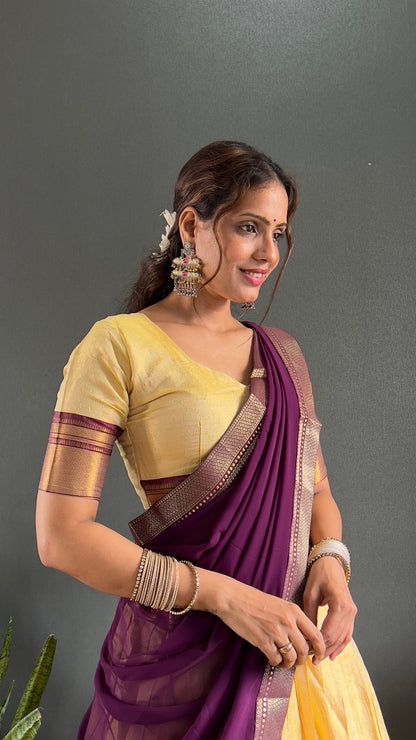 BINDHU — Creamish Gold Cotton Silk Half Saree Lehenga
