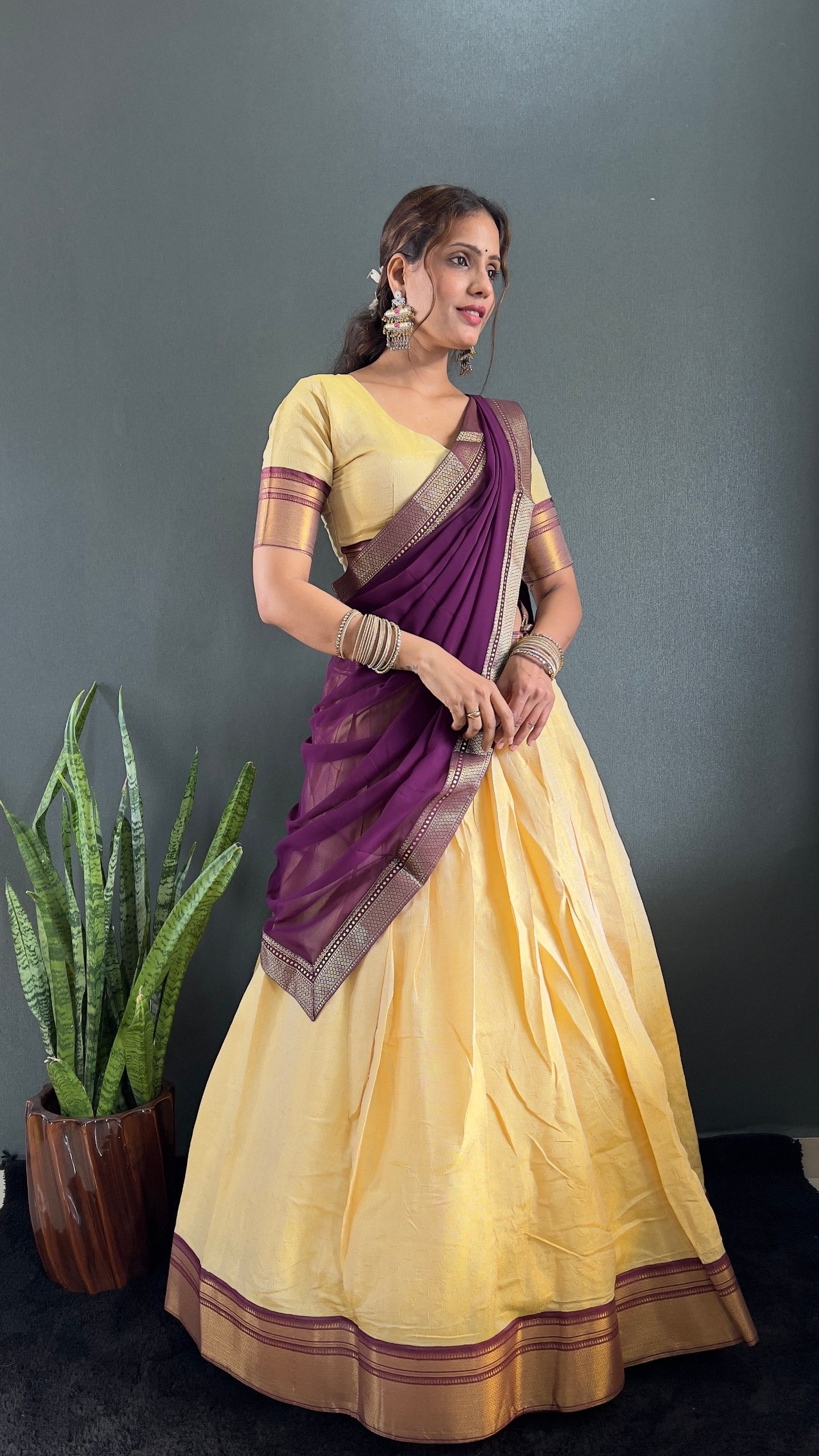 BINDHU — Creamish Gold Cotton Silk Half Saree Lehenga