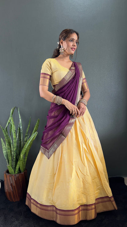 BINDHU — Creamish Gold Cotton Silk Half Saree Lehenga