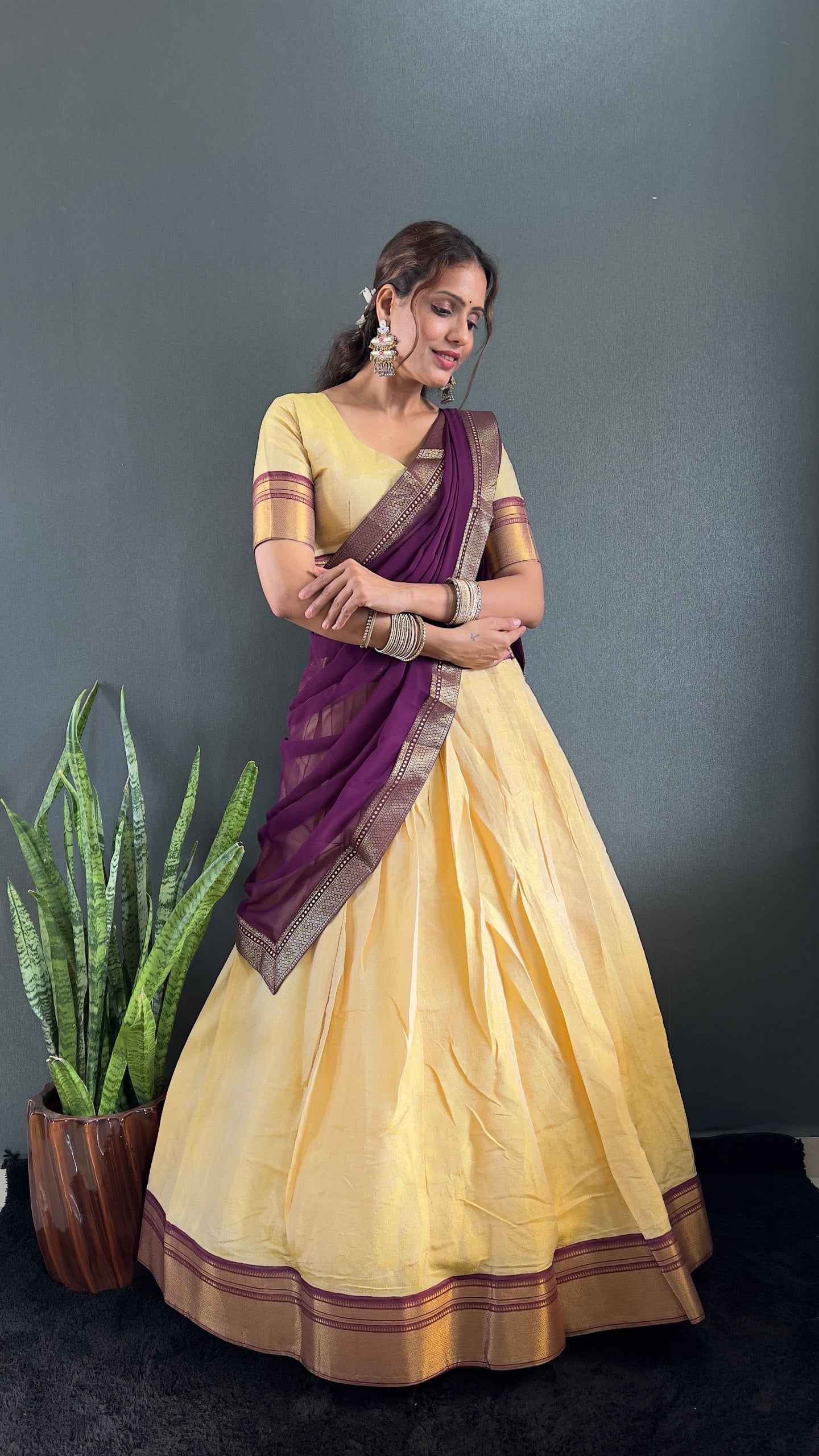 BINDHU — Creamish Gold Cotton Silk Half Saree Lehenga