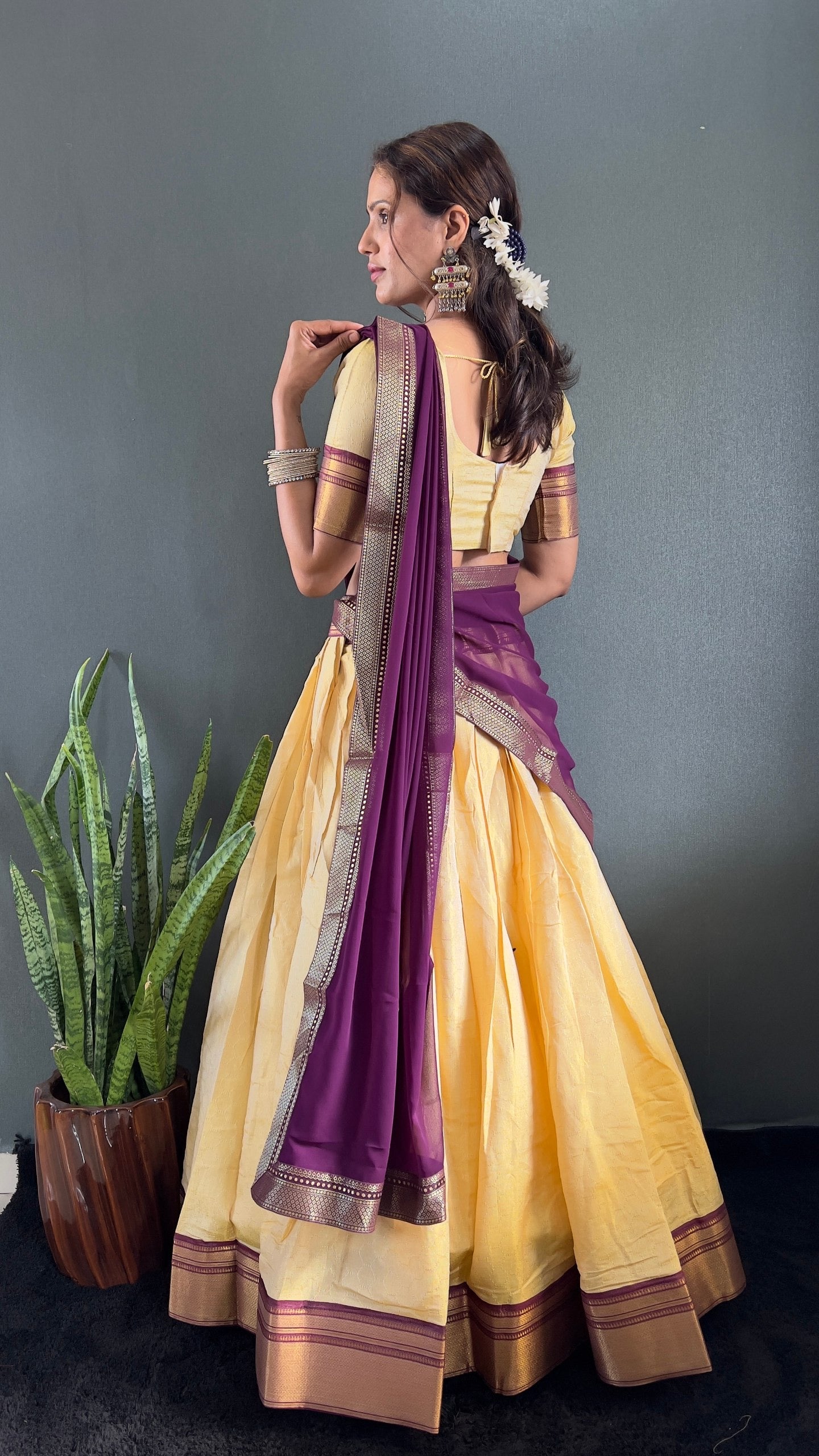 BINDHU — Creamish Gold Cotton Silk Half Saree Lehenga