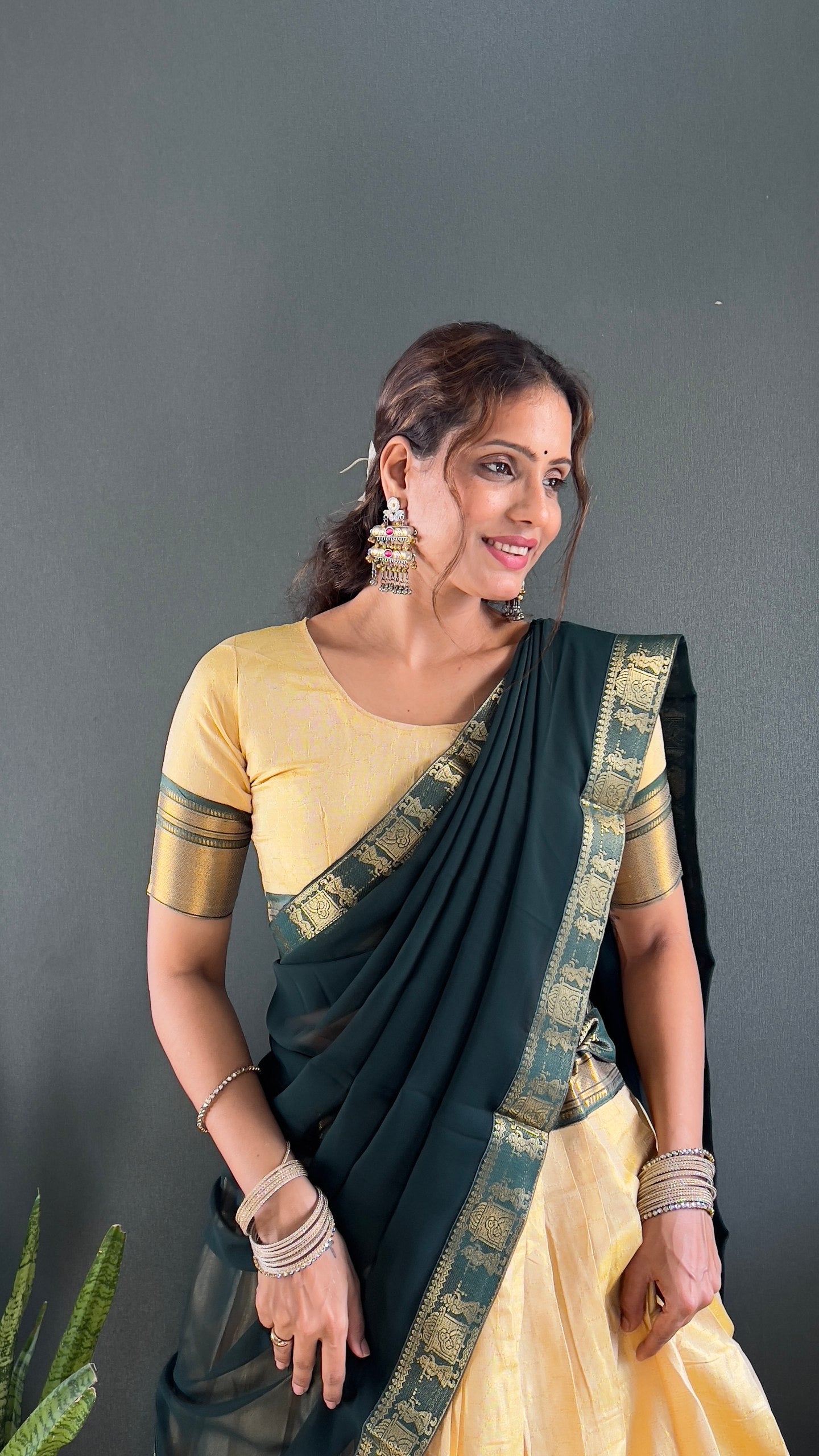 BINDHU — Creamish Gold Cotton Silk Half Saree Lehenga