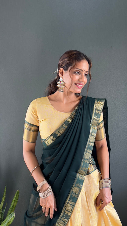 BINDHU — Creamish Gold Cotton Silk Half Saree Lehenga