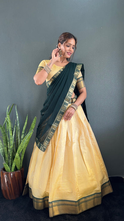 BINDHU — Creamish Gold Cotton Silk Half Saree Lehenga