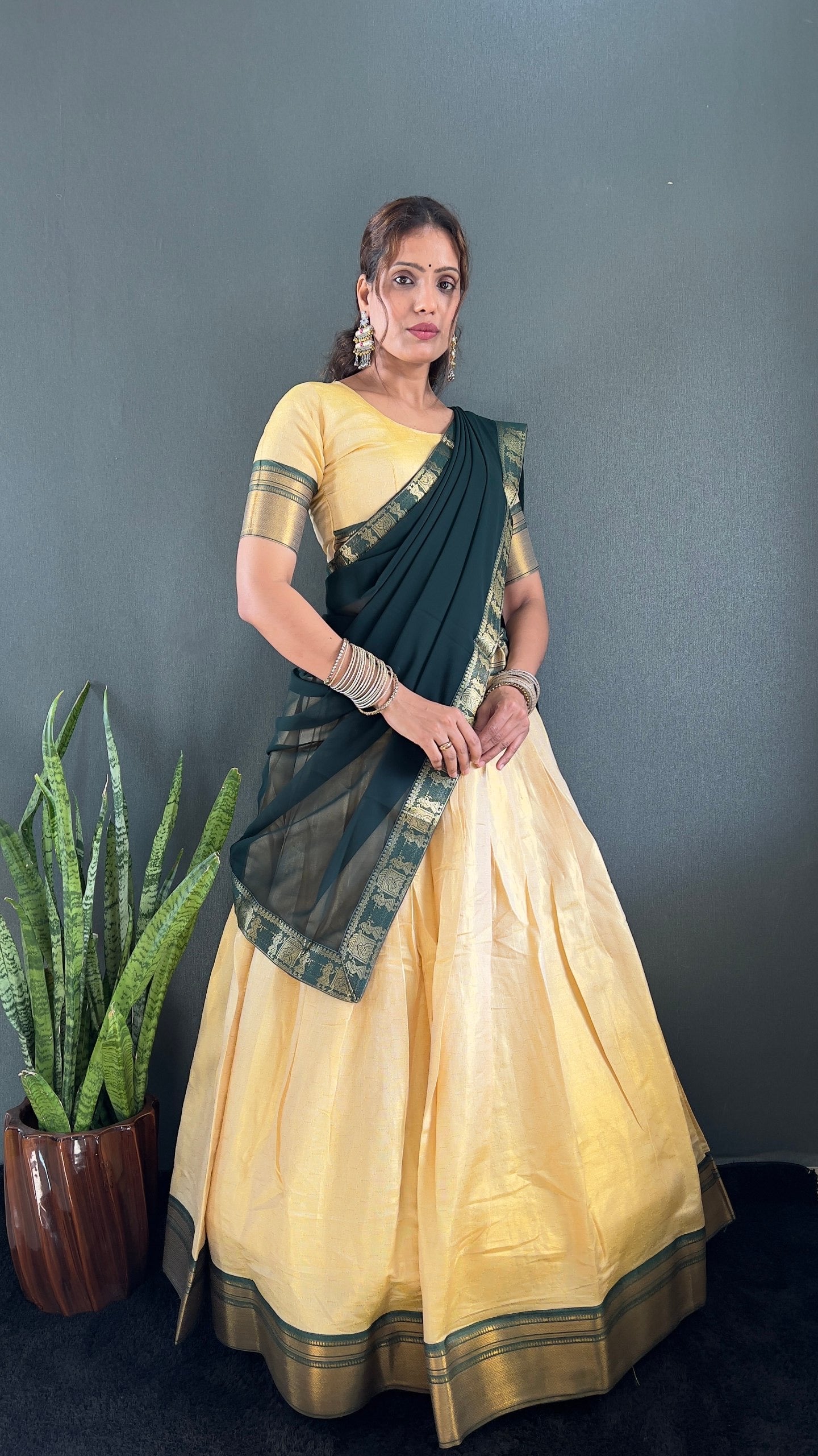 BINDHU — Creamish Gold Cotton Silk Half Saree Lehenga
