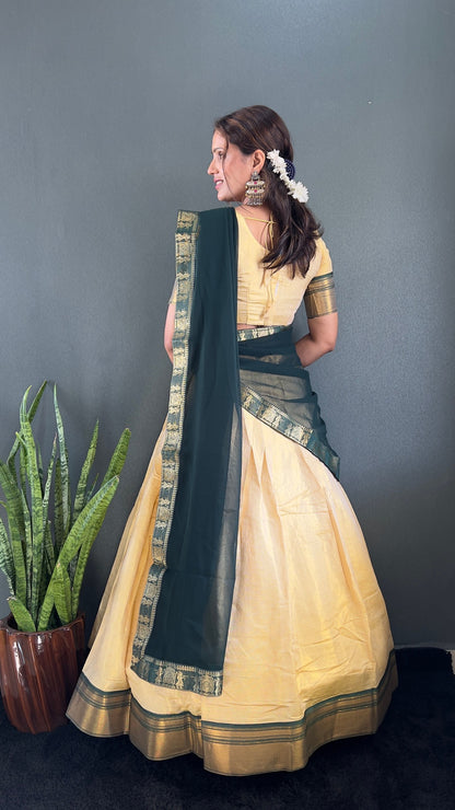 BINDHU — Creamish Gold Cotton Silk Half Saree Lehenga