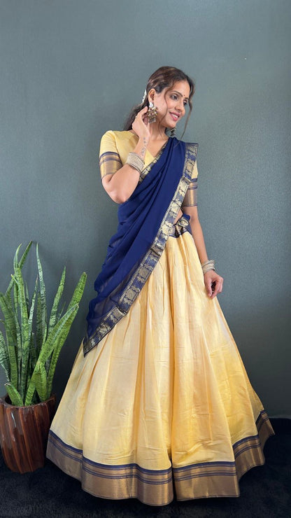 BINDHU — Creamish Gold Cotton Silk Half Saree Lehenga