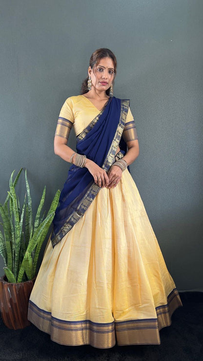 BINDHU — Creamish Gold Cotton Silk Half Saree Lehenga