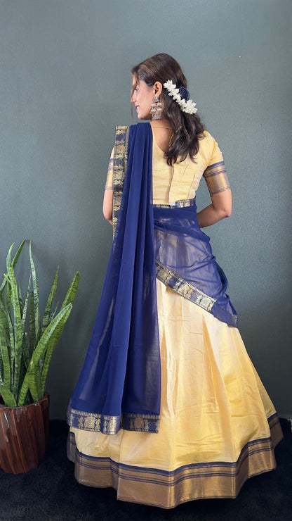 BINDHU — Creamish Gold Cotton Silk Half Saree Lehenga
