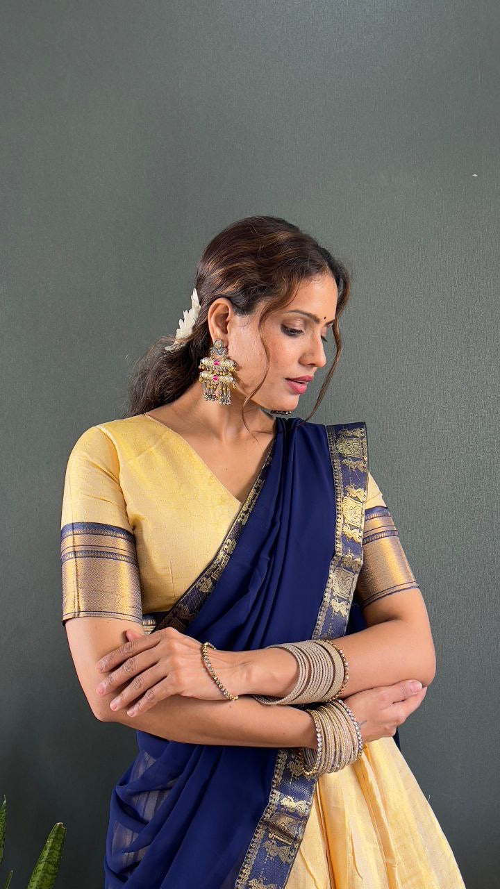 BINDHU — Creamish Gold Cotton Silk Half Saree Lehenga