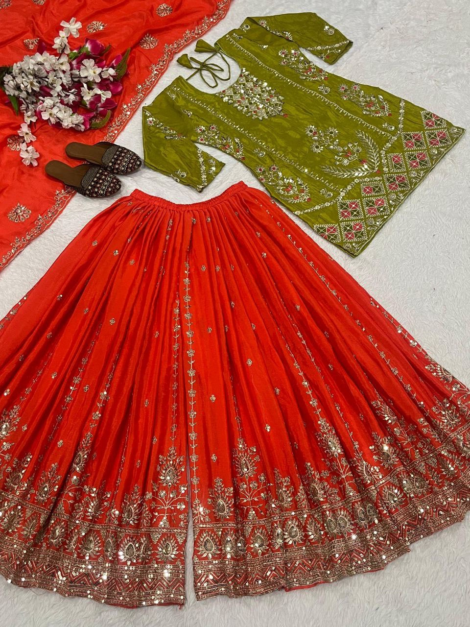 Designer Green x Orange Pallazo Suit