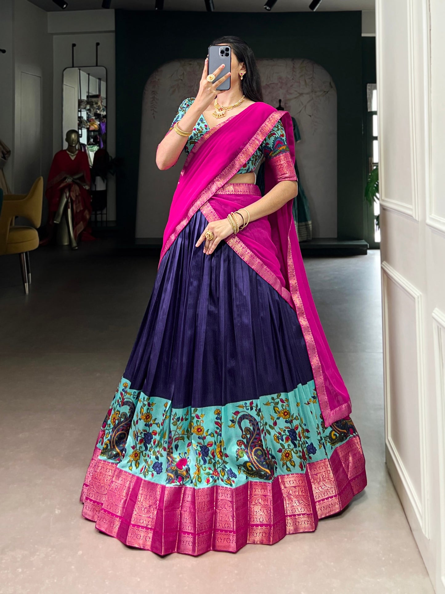 MEHAA — Kalamkari Half Saree Lehenga ( fully stitched)