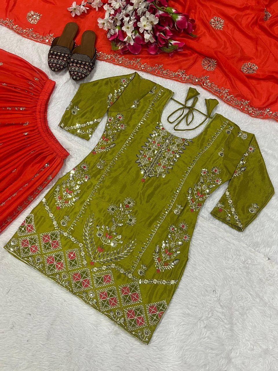 Designer Green x Orange Pallazo Suit
