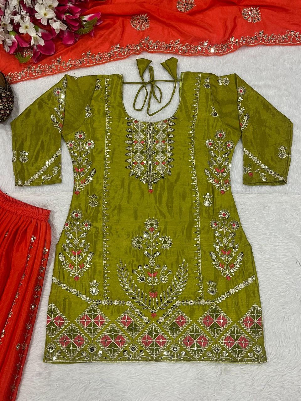 Designer Green x Orange Pallazo Suit
