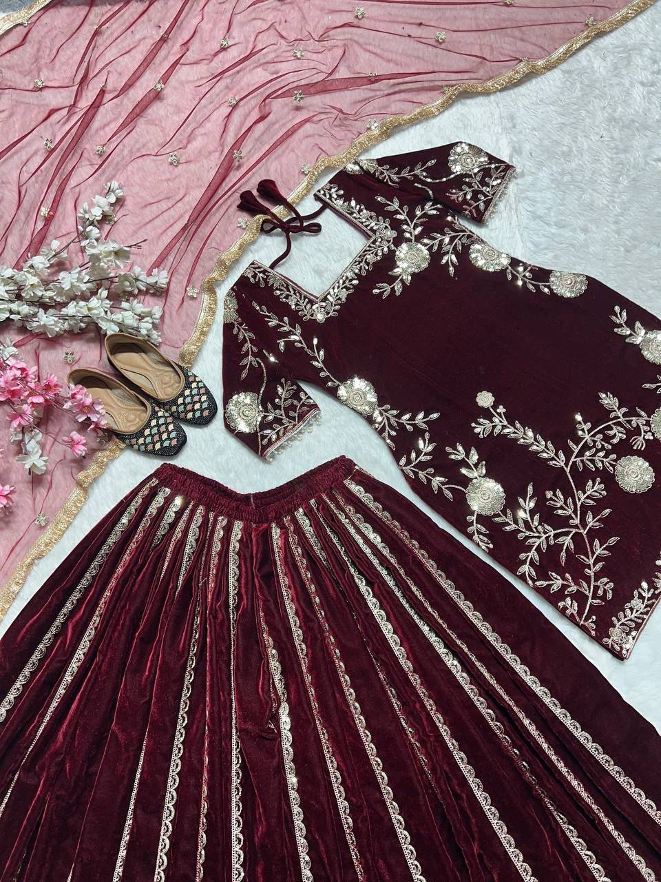 Premium Velvet Maroon Designer Lehenga