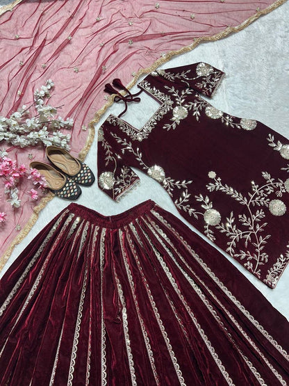 Premium Velvet Maroon Designer Lehenga