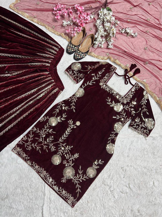 Premium Velvet Maroon Designer Lehenga