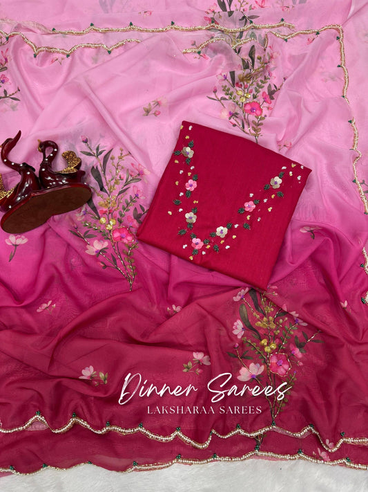 ANBAE — Floral Partywear Georgette x Pearl Border Saree