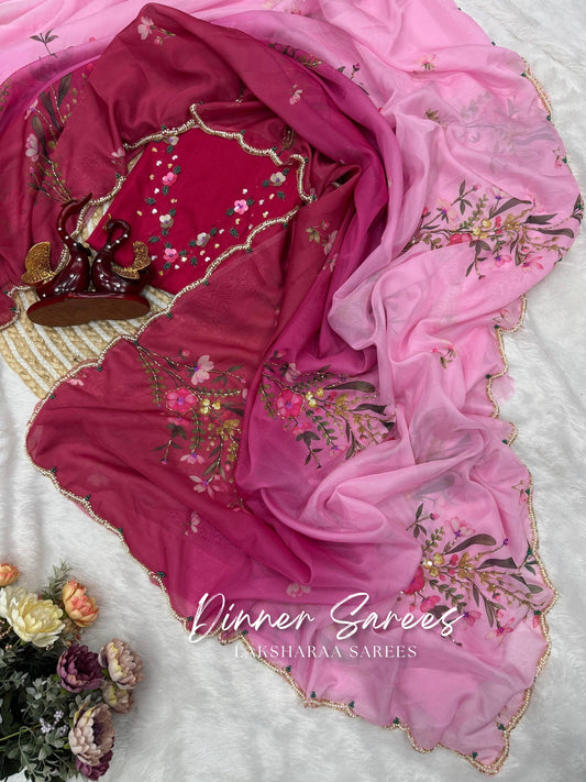 ANBAE — Floral Partywear Georgette x Pearl Border Saree