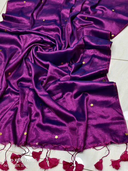 Laxharaa Sarees Tissue Raaga Saree with Pretty Tassels, showcasing intricate fabric design and elegant tassel detailing.