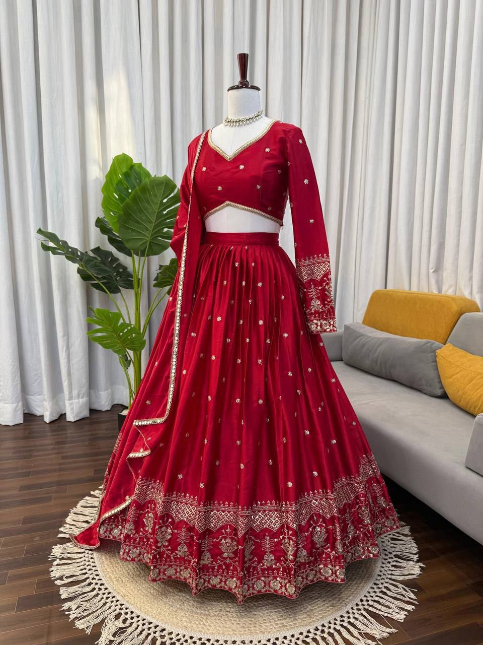 RAMIKA — Premium Red Japan Satin Lehenga