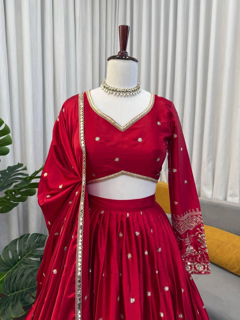 RAMIKA — Premium Red Japan Satin Lehenga