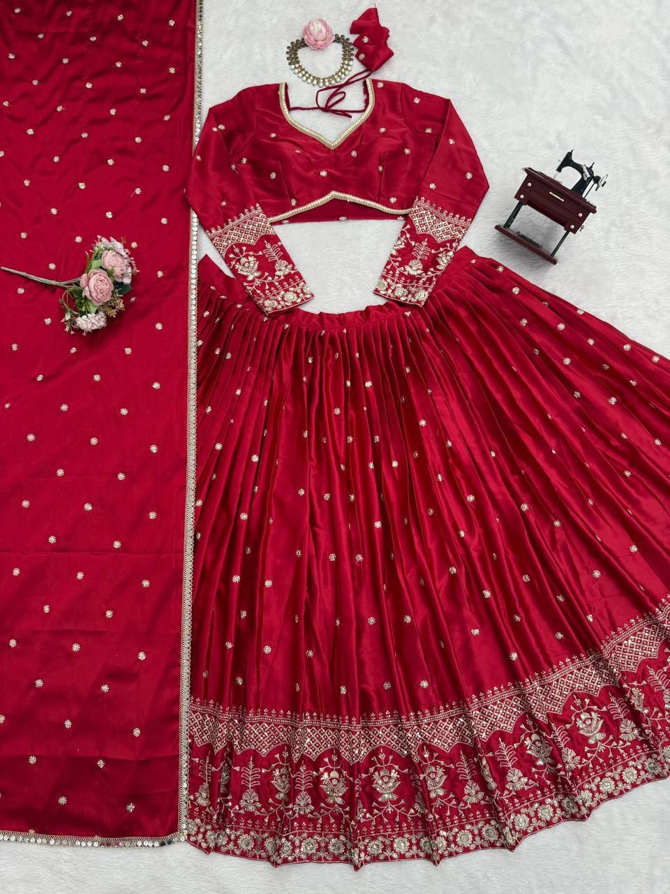 RAMIKA — Premium Red Japan Satin Lehenga