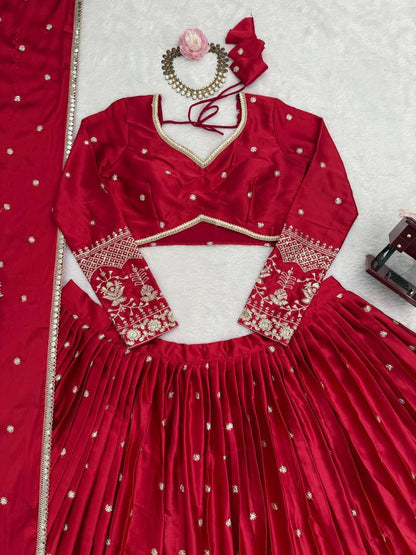 RAMIKA — Premium Red Japan Satin Lehenga