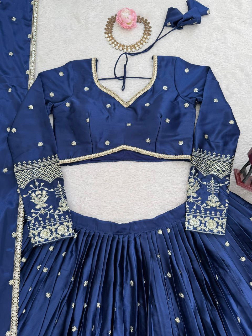 RAMIKA — Premium Blue Japan Satin Lehenga