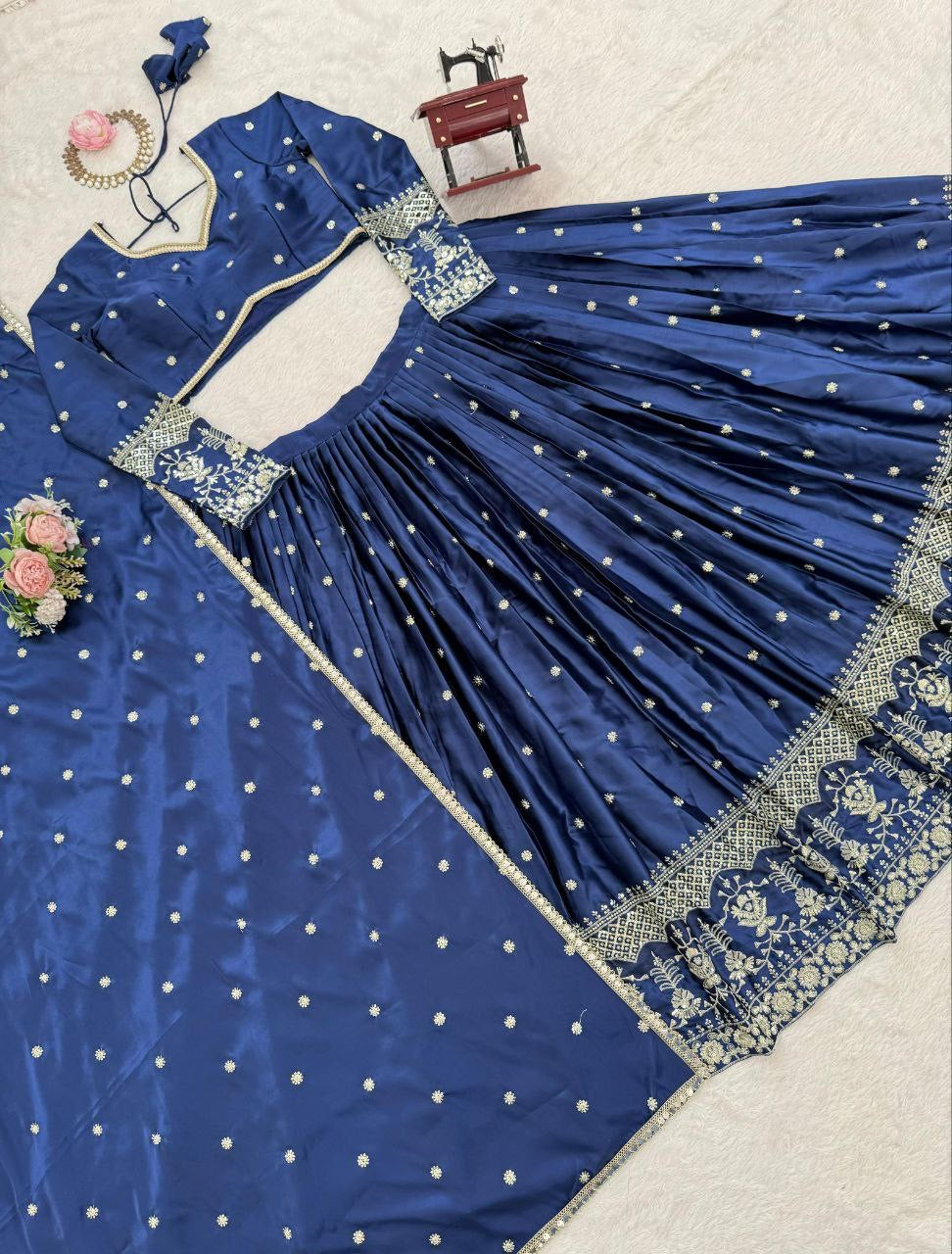 RAMIKA — Premium Blue Japan Satin Lehenga