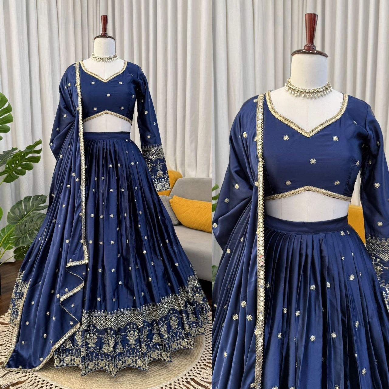 RAMIKA — Premium Blue Japan Satin Lehenga