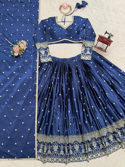 RAMIKA — Premium Blue Japan Satin Lehenga
