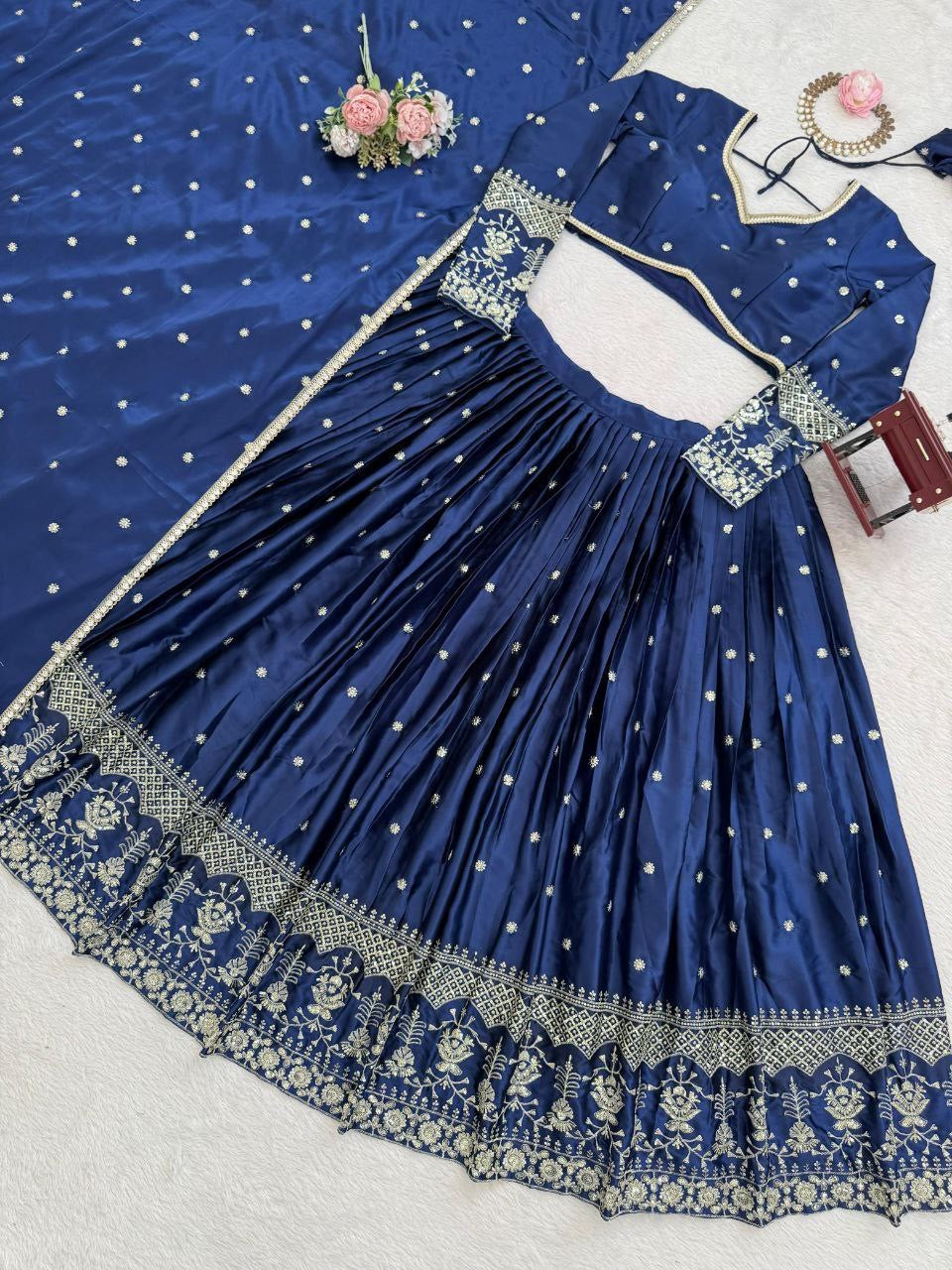 RAMIKA — Premium Blue Japan Satin Lehenga