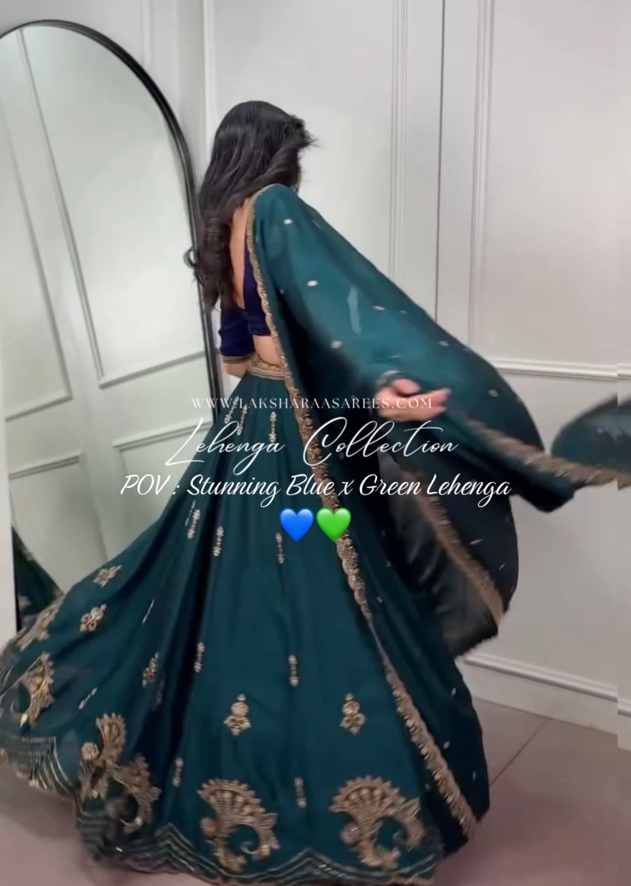 Green and blue Rangoli silk lehenga by Laksharaa Sarees with intricate embroidery and traditional design.